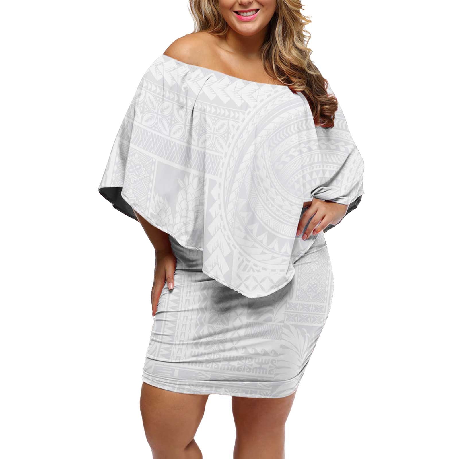 Lotu Tamaiti Samoan Art Tattoo Siapo Pattern Off Shoulder Short Dress LT03 Women White - Polynesian Pride