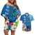 Polynesian Fiji Couples Matching Off Shoulder Short Dress and Hawaiian Shirt Shark and Hibiscus Tapa Pattern Blue Version LT03 Blue - Polynesian Pride