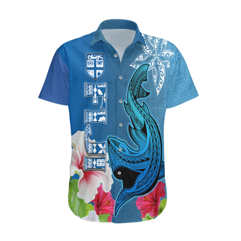 Polynesian Fiji Hawaiian Shirt Shark and Hibiscus Tapa Pattern Blue Version LT03 Blue - Polynesian Pride