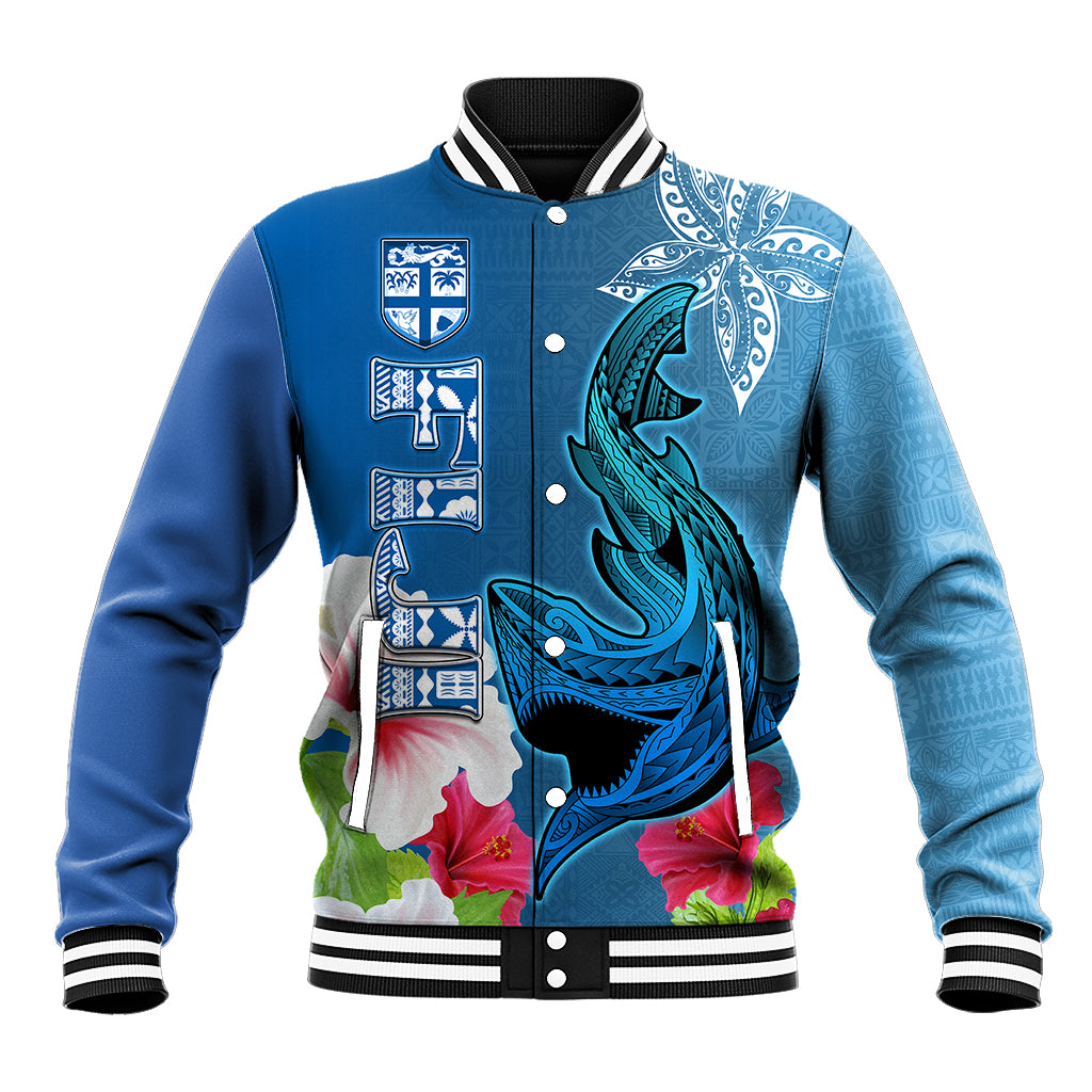 Custom Polynesian Fiji Baseball Jacket Shark and Hibiscus Tapa Pattern Blue Version LT03 Unisex Blue - Polynesian Pride