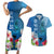 Custom Polynesian Fiji Couples Matching Short Sleeve Bodycon Dress and Hawaiian Shirt Shark and Hibiscus Tapa Pattern Blue Version LT03 Blue - Polynesian Pride