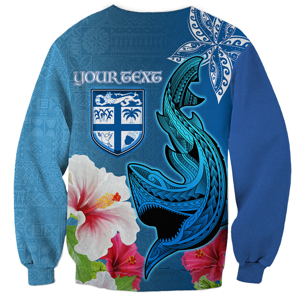 Custom Polynesian Fiji Sweatshirt Shark and Hibiscus Tapa Pattern Blue Version LT03 - Polynesian Pride