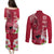 Polynesian Fiji Couples Matching Puletasi Dress and Long Sleeve Button Shirts Shark and Hibiscus Tapa Pattern Red Version LT03 - Polynesian Pride