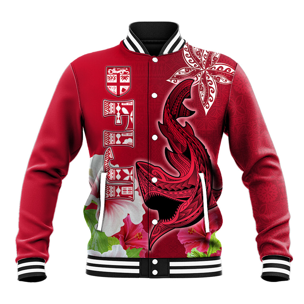 Custom Polynesian Fiji Baseball Jacket Shark and Hibiscus Tapa Pattern Red Version LT03 Unisex Red - Polynesian Pride