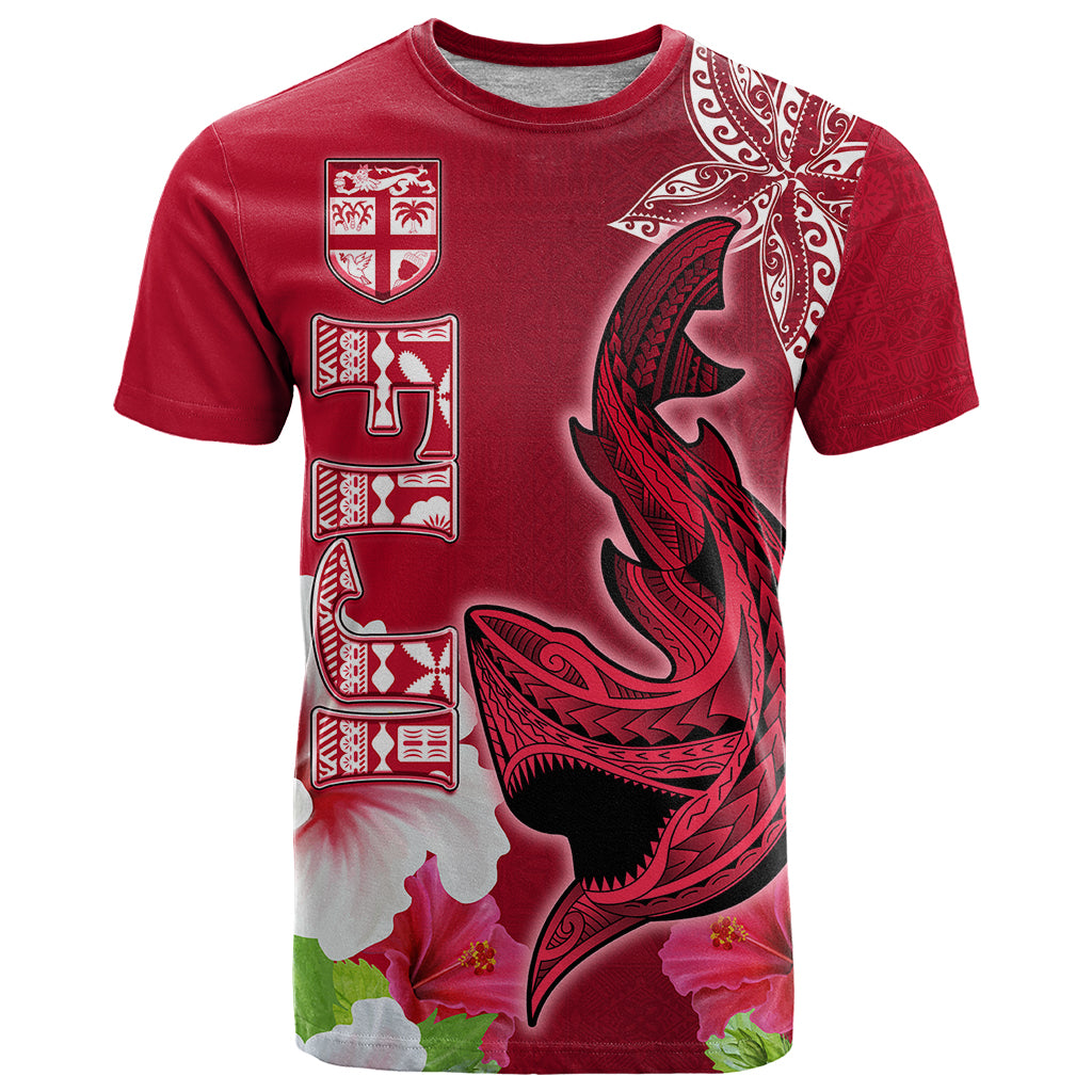 Custom Polynesian Fiji T Shirt Shark and Hibiscus Tapa Pattern Red Version LT03 Red - Polynesian Pride