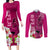 Polynesian Fiji Couples Matching Long Sleeve Bodycon Dress and Long Sleeve Button Shirts Shark and Hibiscus Tapa Pattern Purple Version LT03 Pink - Polynesian Pride