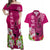 Polynesian Fiji Couples Matching Off Shoulder Maxi Dress and Hawaiian Shirt Shark and Hibiscus Tapa Pattern Purple Version LT03 Pink - Polynesian Pride