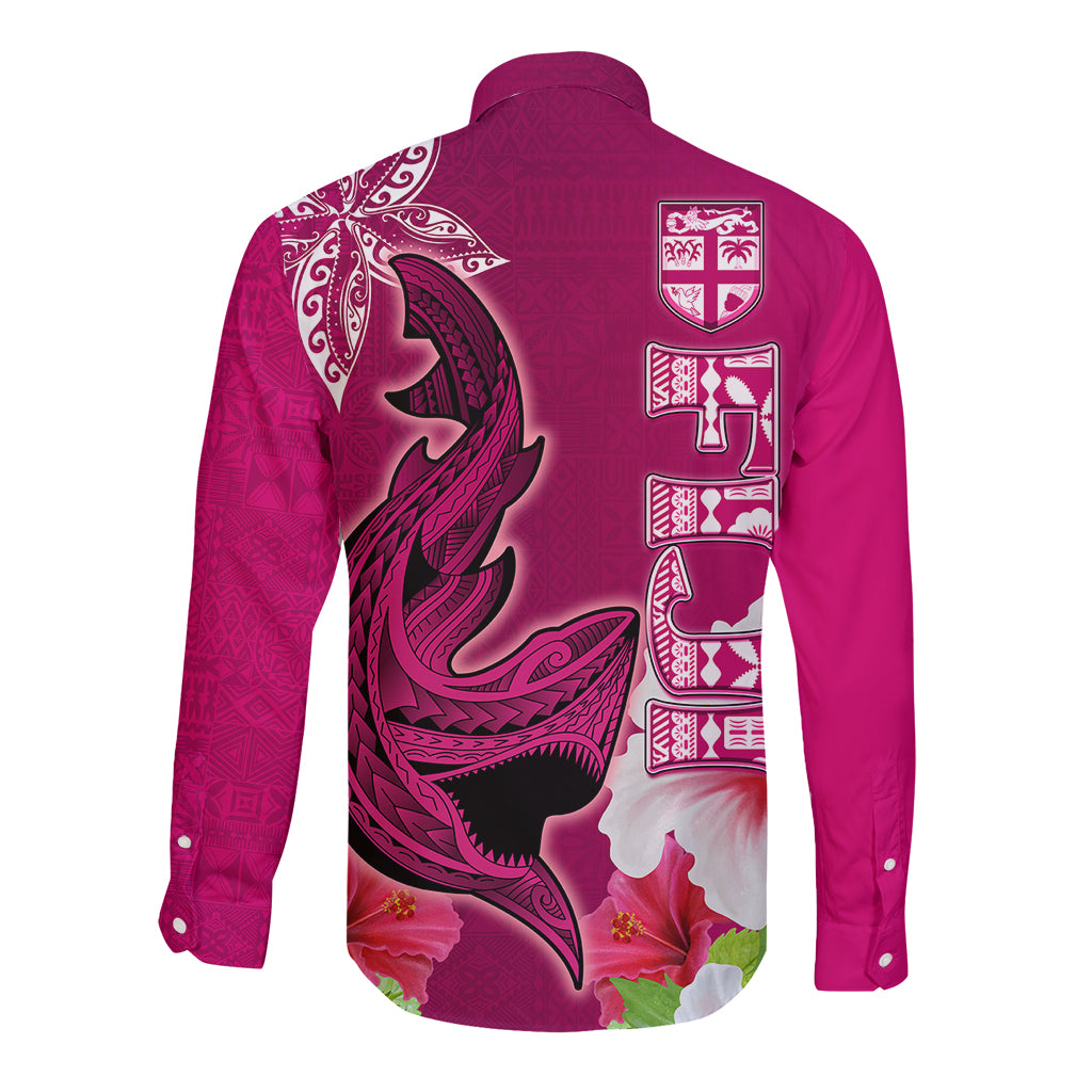 Polynesian Fiji Long Sleeve Button Shirt Shark and Hibiscus Tapa Pattern Purple Version LT03 - Polynesian Pride