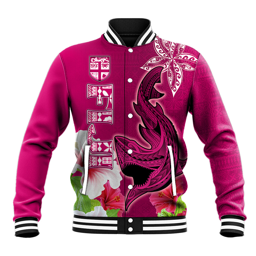 Custom Polynesian Fiji Baseball Jacket Shark and Hibiscus Tapa Pattern Purple Version LT03 Unisex Pink - Polynesian Pride