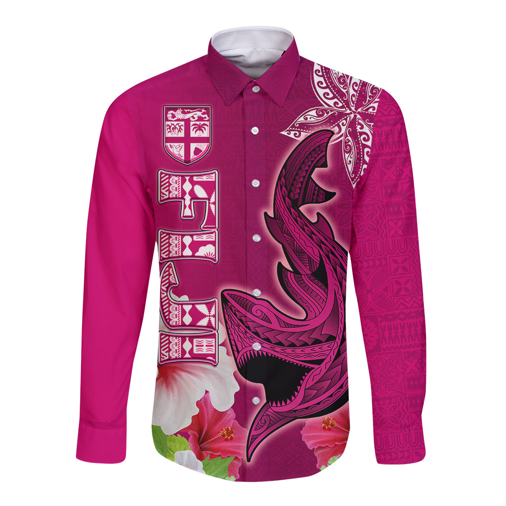 Custom Polynesian Fiji Long Sleeve Button Shirt Shark and Hibiscus Tapa Pattern Purple Version LT03 Unisex Pink - Polynesian Pride