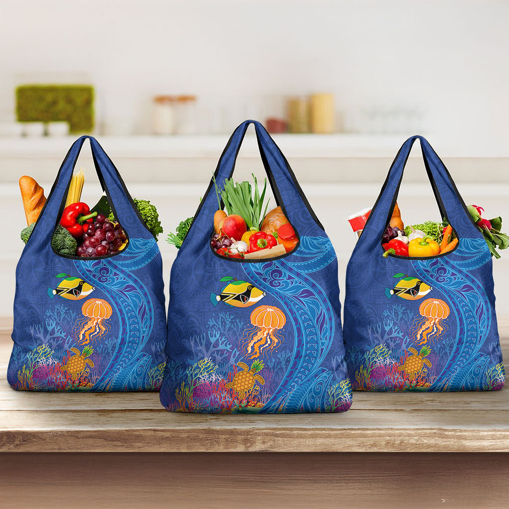 Hawaiian Funny Fruits Sea Animals Grocery Bag Mango Reef Triggerfish and Pineapple Turtle and Mandarin Jellyfish LT03 3-pack One Size Blue - Polynesian Pride