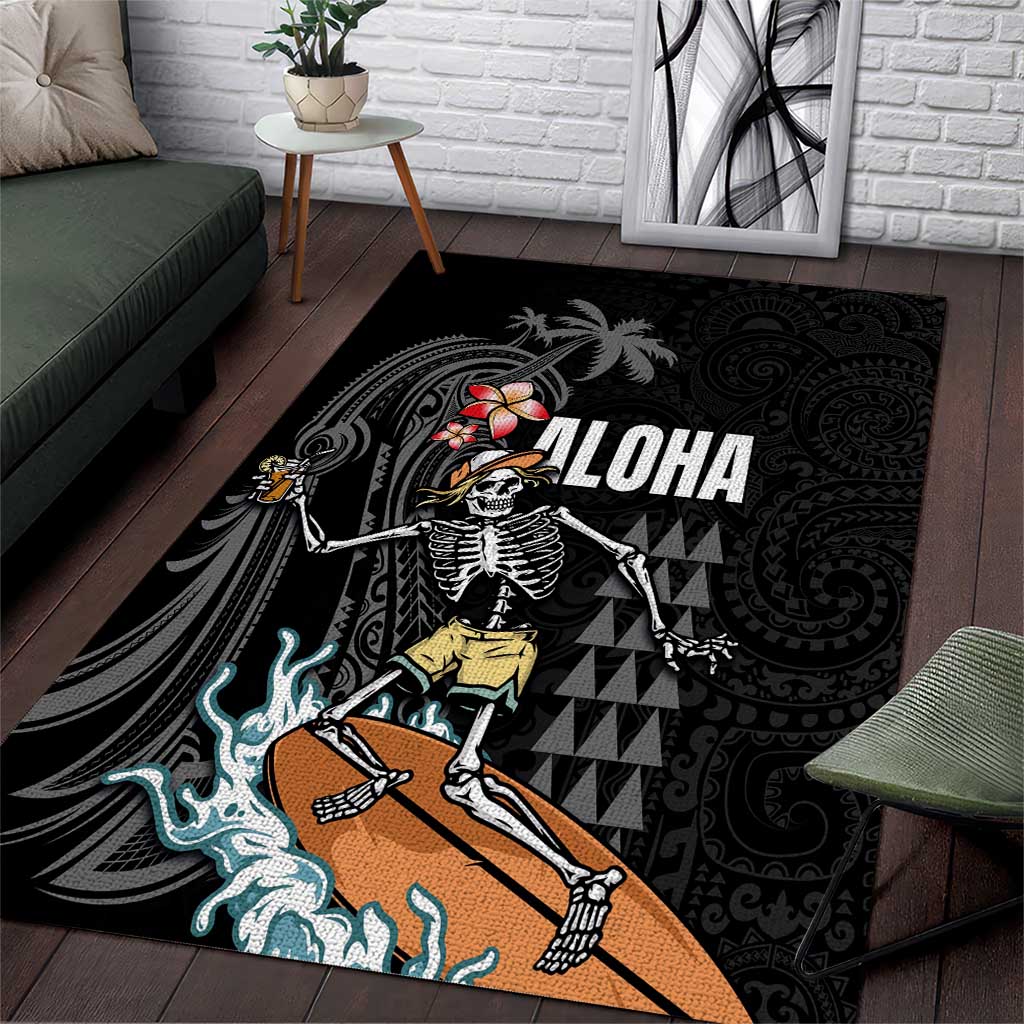Hawaiian Halloween Skeleton Surfing Area Rug Polynesian Tribal Tattoo and Hawaiian Pattern LT03 Black - Polynesian Pride
