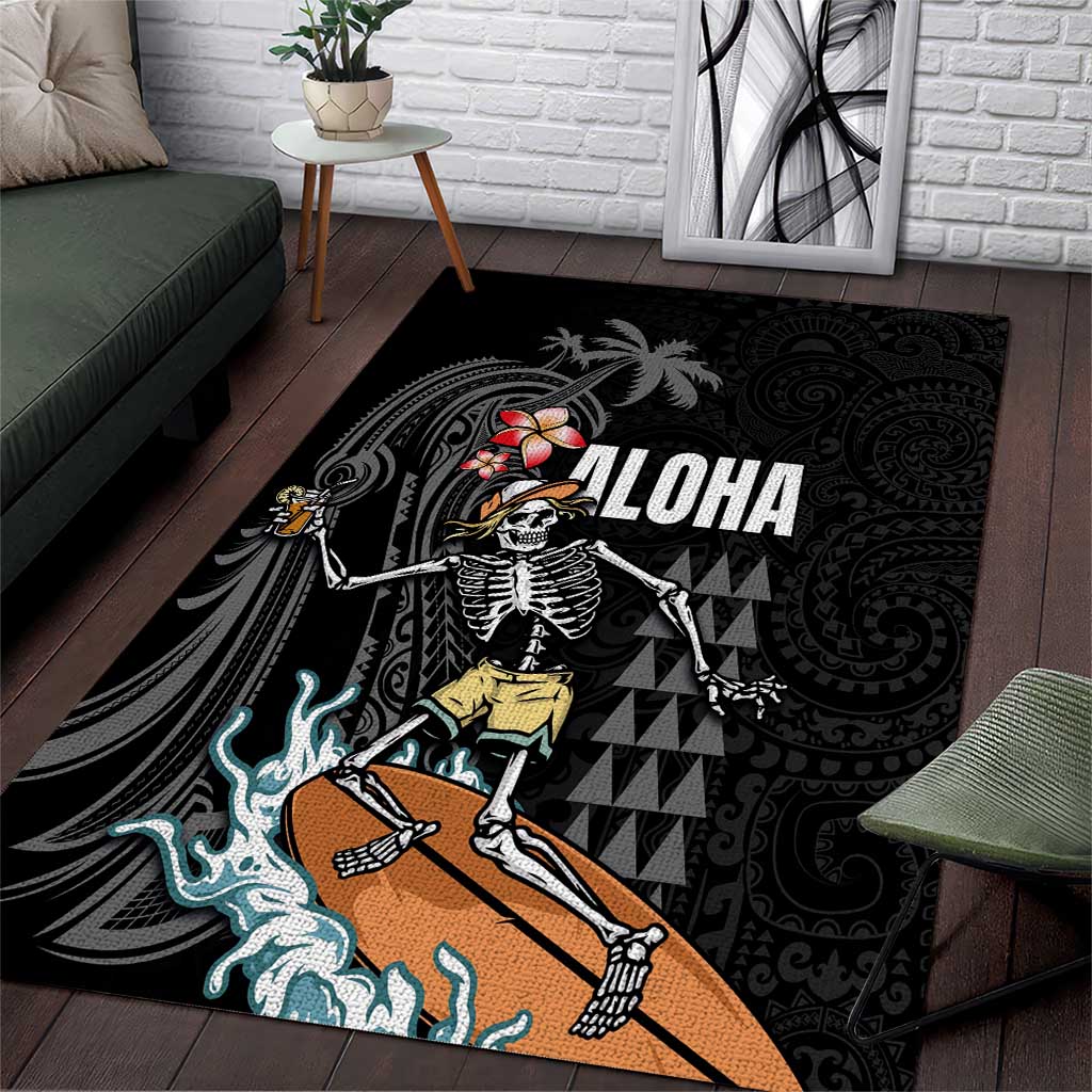 Hawaiian Halloween Skeleton Surfing Area Rug Polynesian Tribal Tattoo and Hawaiian Pattern