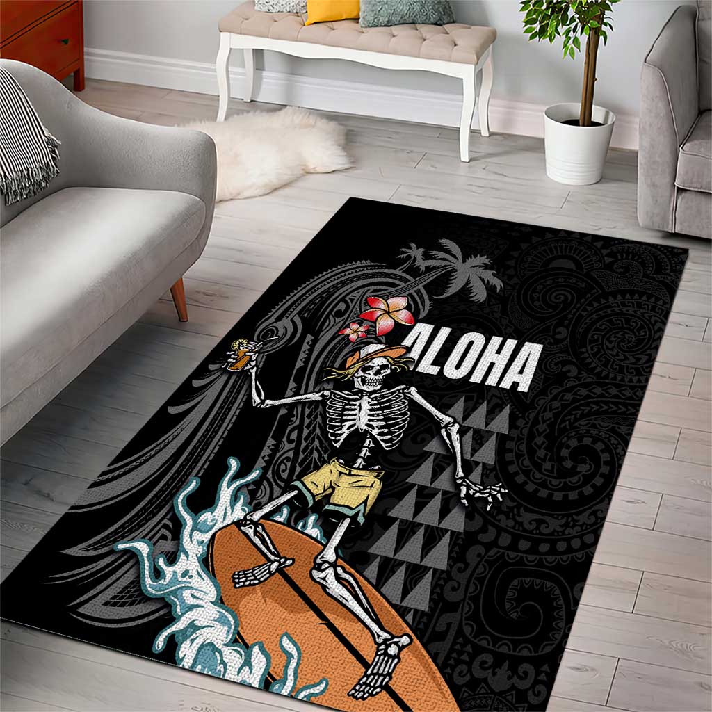Hawaiian Halloween Skeleton Surfing Area Rug Polynesian Tribal Tattoo and Hawaiian Pattern LT03 - Polynesian Pride