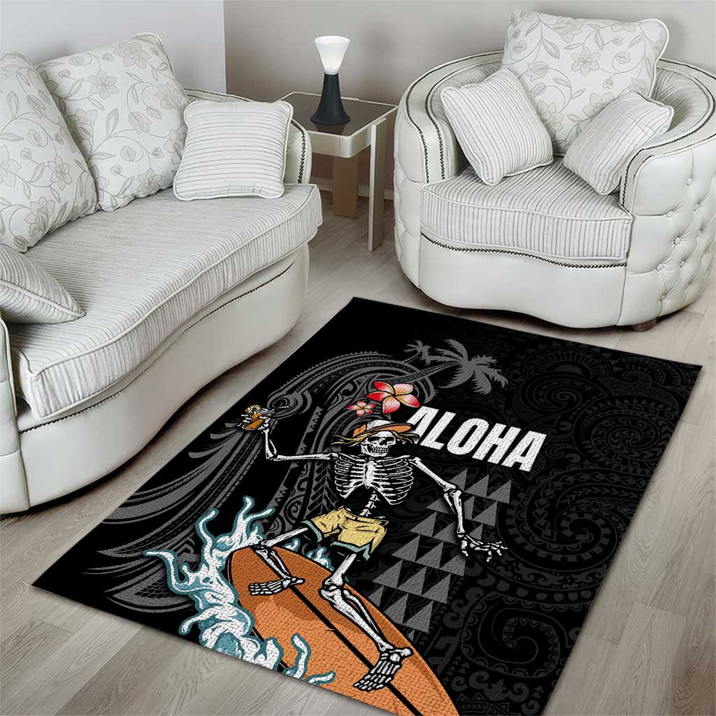 Hawaiian Halloween Skeleton Surfing Area Rug Polynesian Tribal Tattoo and Hawaiian Pattern LT03 - Polynesian Pride