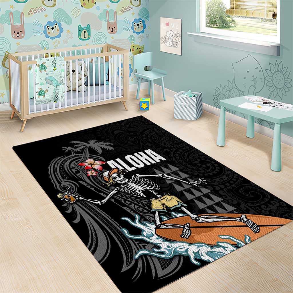Hawaiian Halloween Skeleton Surfing Area Rug Polynesian Tribal Tattoo and Hawaiian Pattern LT03 - Polynesian Pride