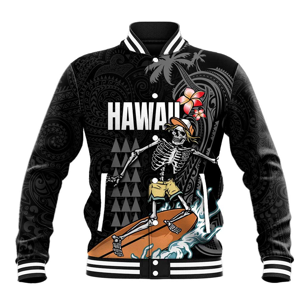 Hawaiian Halloween Skeleton Surfing Baseball Jacket Polynesian Tribal Tattoo and Hawaiian Pattern LT03 Unisex Black - Polynesian Pride