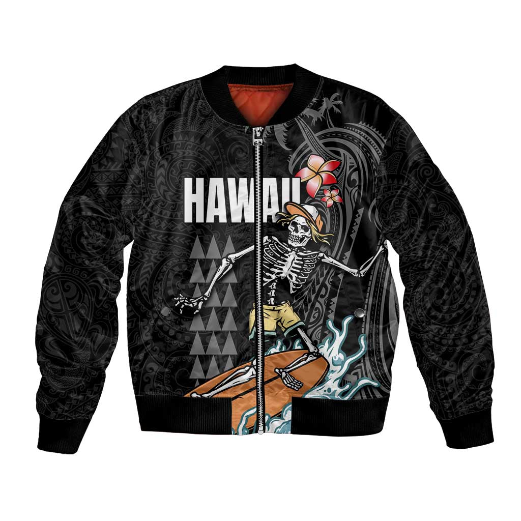 Hawaiian Halloween Skeleton Surfing Bomber Jacket Polynesian Tribal Tattoo and Hawaiian Pattern LT03 Unisex Black - Polynesian Pride