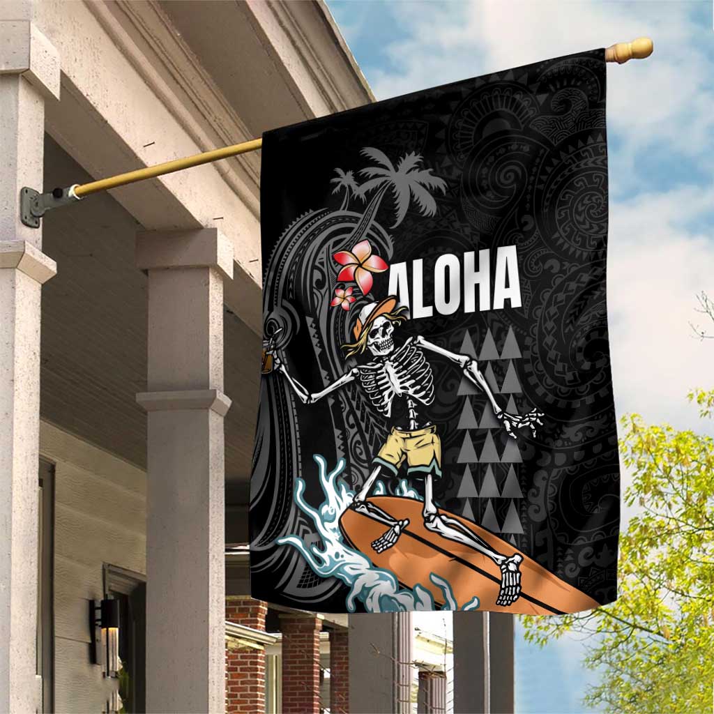 Hawaiian Halloween Skeleton Surfing Garden Flag Polynesian Tribal Tattoo and Hawaiian Pattern LT03 House Flag Black - Polynesian Pride