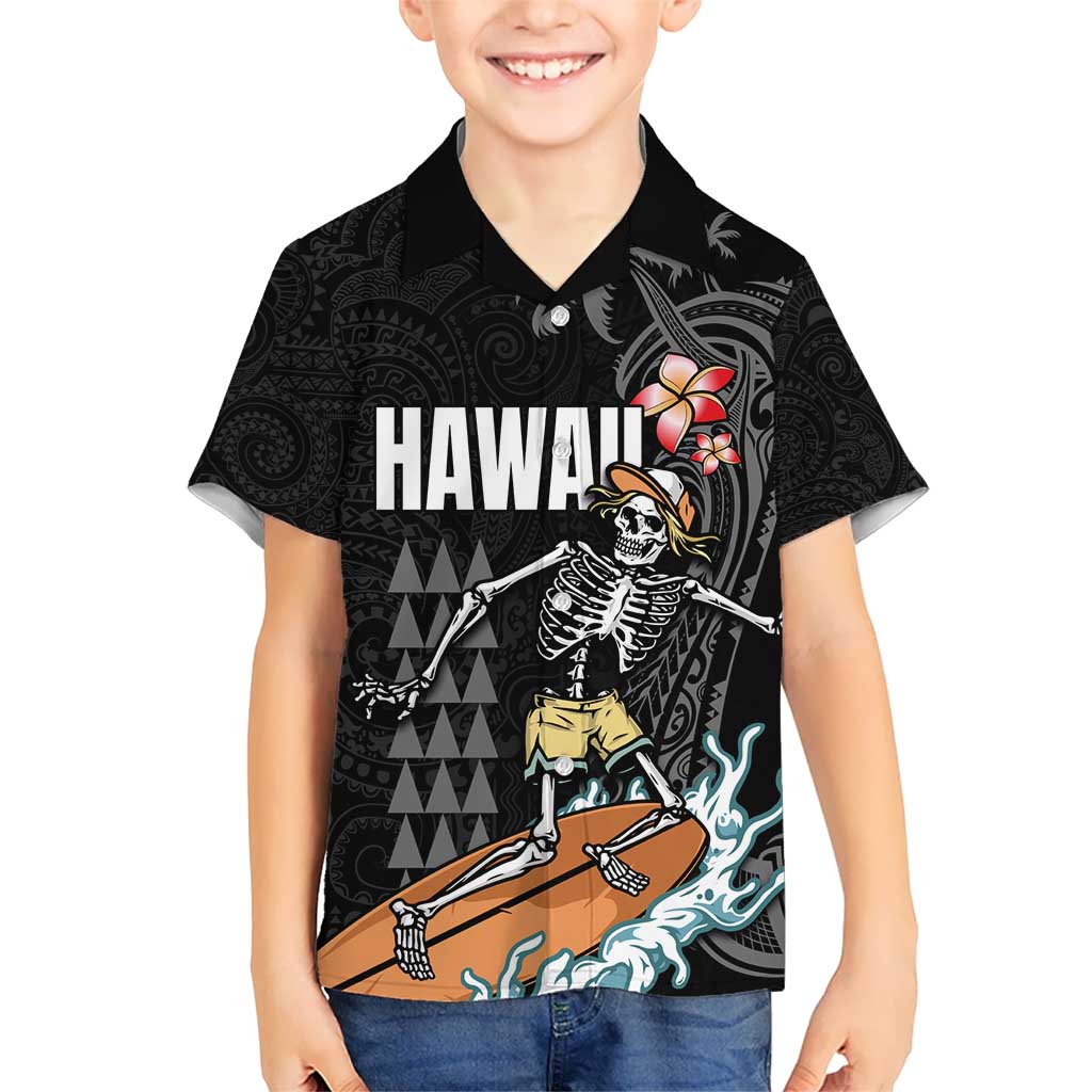 Hawaiian Halloween Skeleton Surfing Kid Hawaiian Shirt Polynesian Tribal Tattoo and Hawaiian Pattern LT03 Kid Black - Polynesian Pride