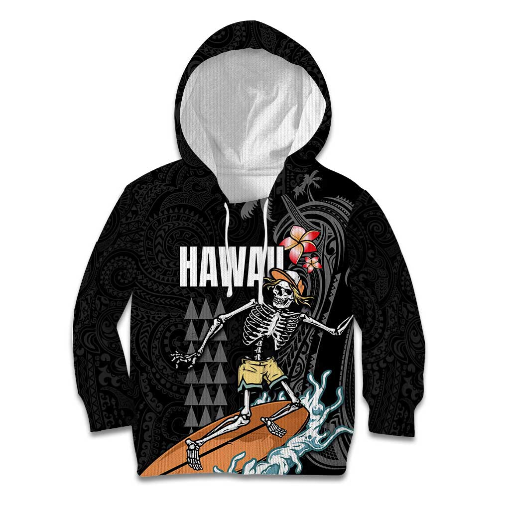 Hawaiian Halloween Skeleton Surfing Kid Hoodie Polynesian Tribal Tattoo and Hawaiian Pattern LT03 Hoodie Black - Polynesian Pride