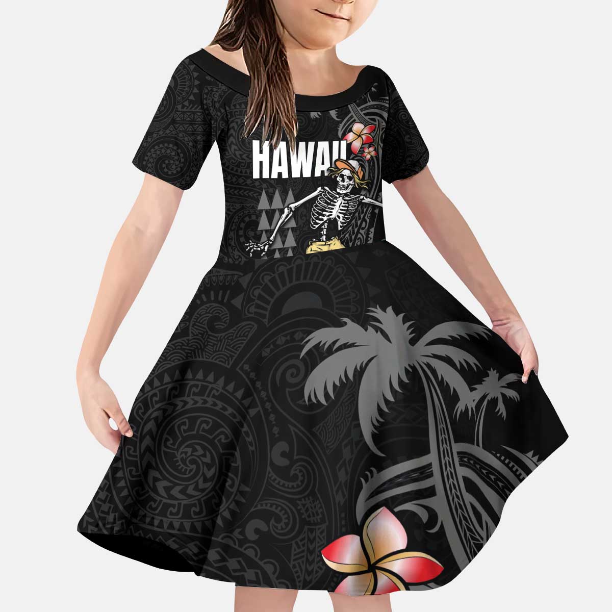 Hawaiian Halloween Skeleton Surfing Kid Short Sleeve Dress Polynesian Tribal Tattoo and Hawaiian Pattern LT03 KID Black - Polynesian Pride
