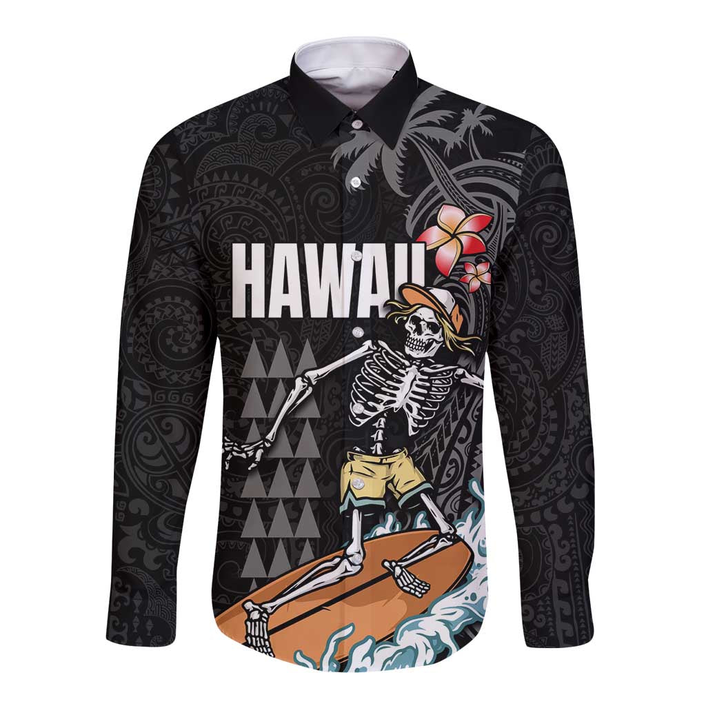 Hawaiian Halloween Skeleton Surfing Long Sleeve Button Shirt Polynesian Tribal Tattoo and Hawaiian Pattern LT03 Unisex Black - Polynesian Pride