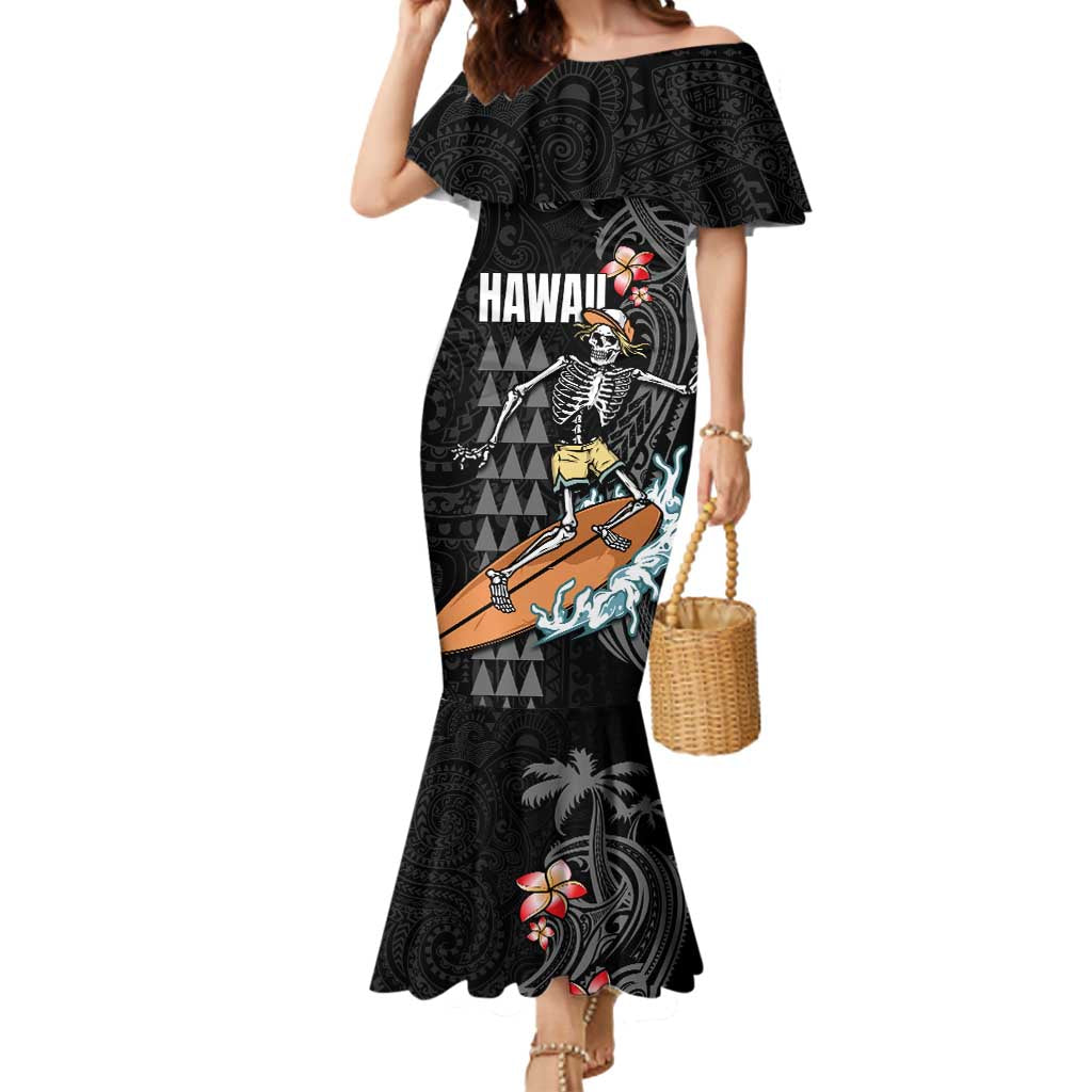 Hawaiian Halloween Skeleton Surfing Mermaid Dress Polynesian Tribal Tattoo and Hawaiian Pattern LT03 Women Black - Polynesian Pride