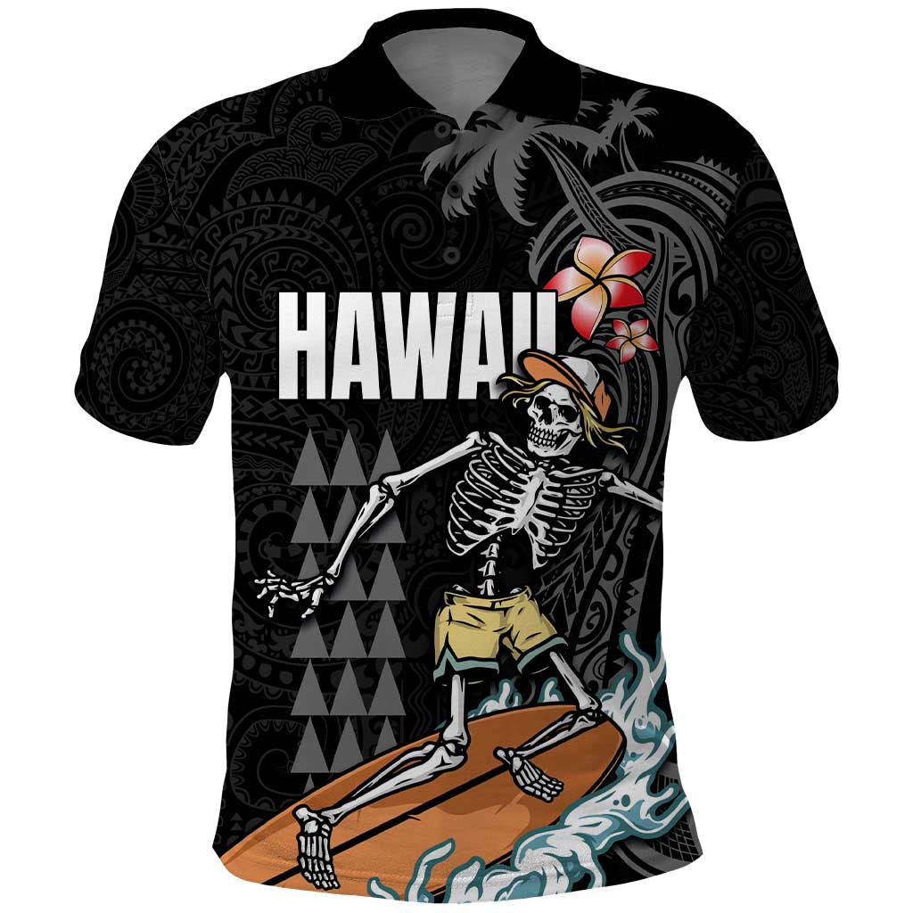 Hawaiian Halloween Skeleton Surfing Polo Shirt Polynesian Tribal Tattoo and Hawaiian Pattern LT03 Black - Polynesian Pride