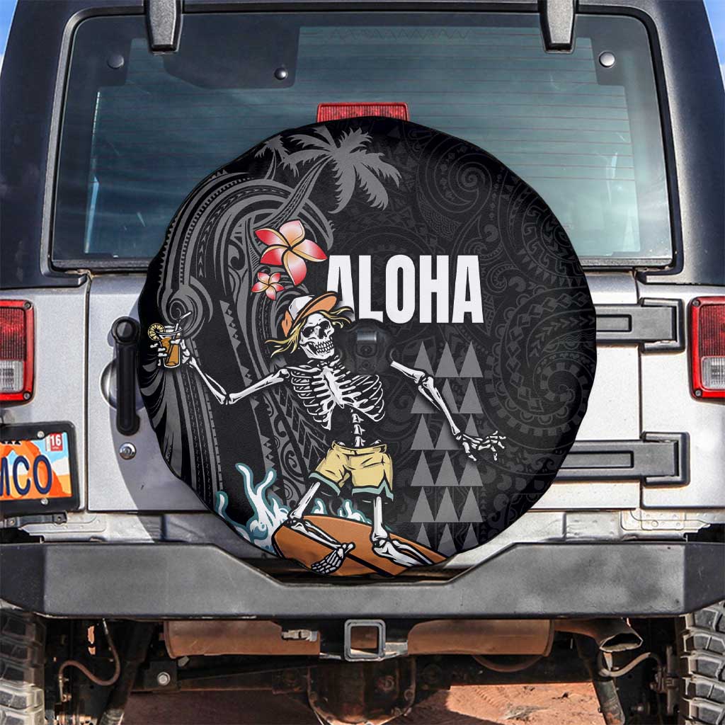 Hawaiian Halloween Skeleton Surfing Spare Tire Cover Polynesian Tribal Tattoo and Hawaiian Pattern LT03 Black - Polynesian Pride