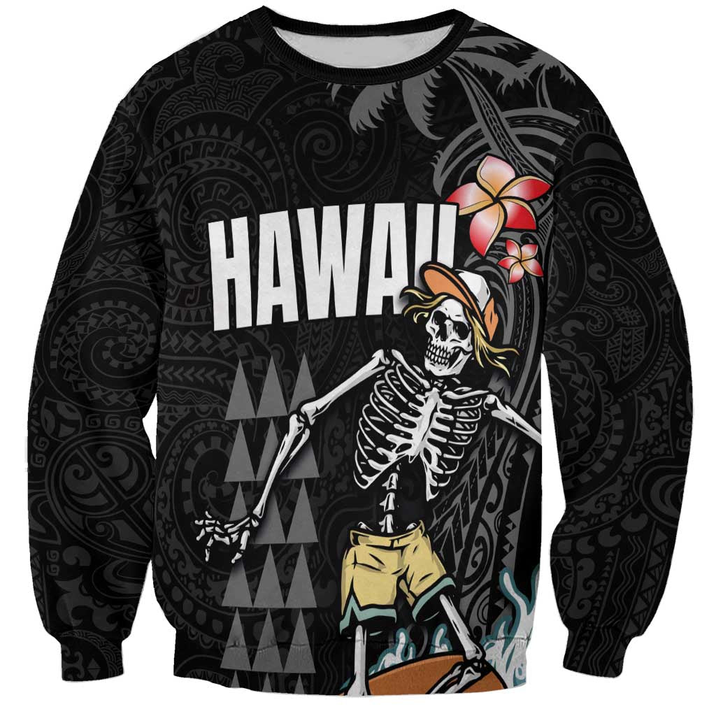 Hawaiian Halloween Skeleton Surfing Sweatshirt Polynesian Tribal Tattoo and Hawaiian Pattern LT03 Unisex Black - Polynesian Pride