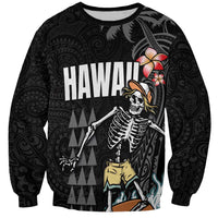 Hawaiian Halloween Skeleton Surfing Sweatshirt Polynesian Tribal Tattoo and Hawaiian Pattern LT03 Unisex Black - Polynesian Pride