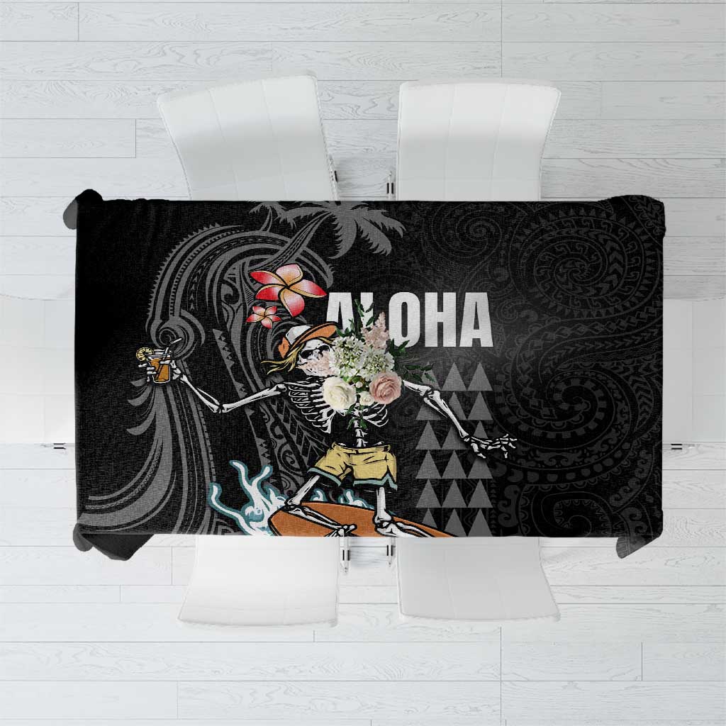 Hawaiian Halloween Skeleton Surfing Tablecloth Polynesian Tribal Tattoo and Hawaiian Pattern LT03 Black - Polynesian Pride
