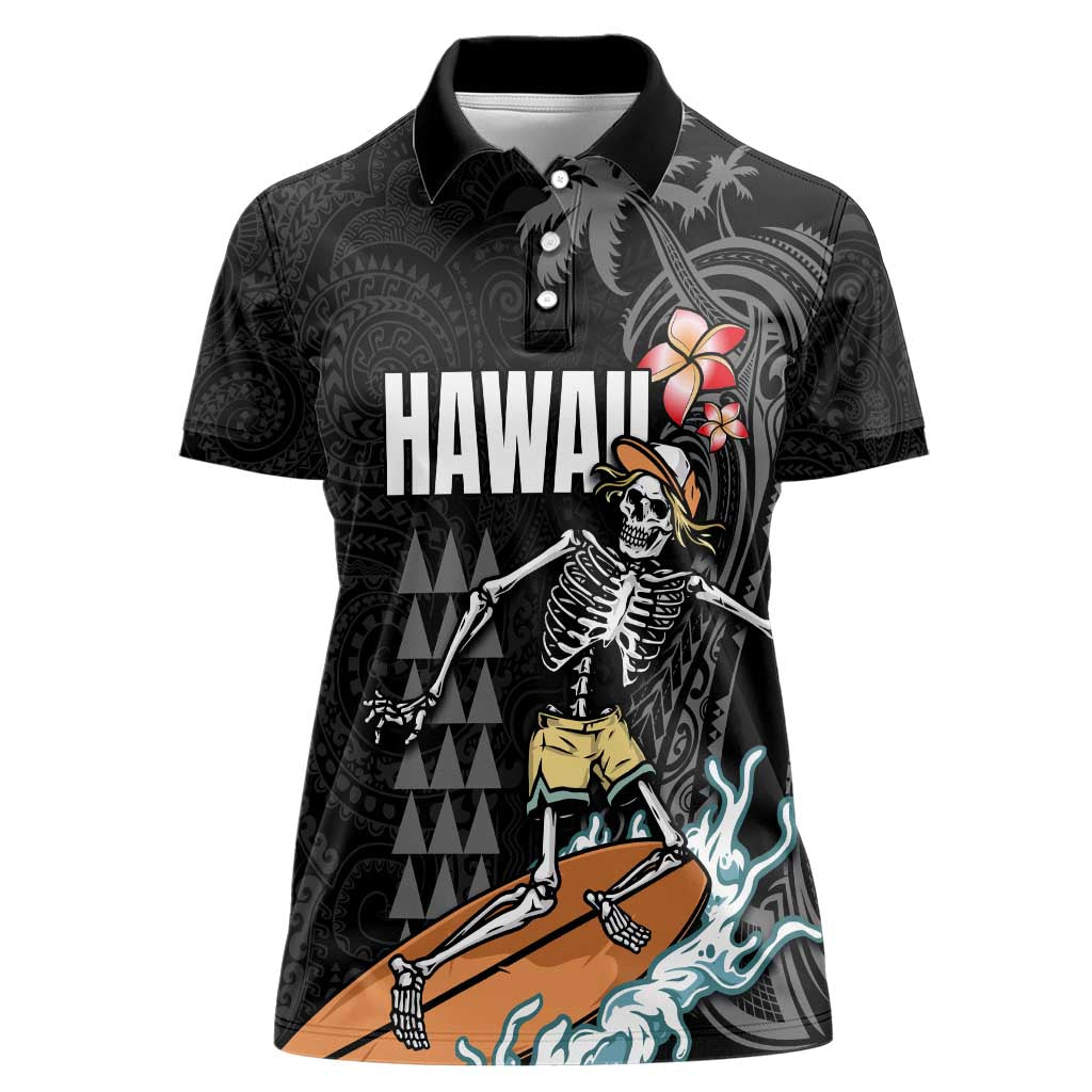 Hawaiian Halloween Skeleton Surfing Women Polo Shirt Polynesian Tribal Tattoo and Hawaiian Pattern LT03 Female Black - Polynesian Pride