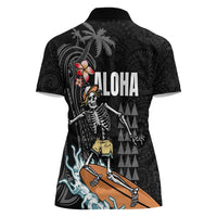 Hawaiian Halloween Skeleton Surfing Women Polo Shirt Polynesian Tribal Tattoo and Hawaiian Pattern LT03 - Polynesian Pride