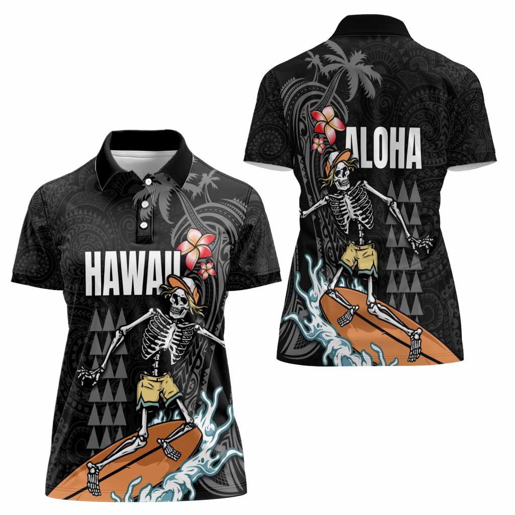 Hawaiian Halloween Skeleton Surfing Women Polo Shirt Polynesian Tribal Tattoo and Hawaiian Pattern LT03 - Polynesian Pride