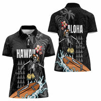 Hawaiian Halloween Skeleton Surfing Women Polo Shirt Polynesian Tribal Tattoo and Hawaiian Pattern LT03 - Polynesian Pride