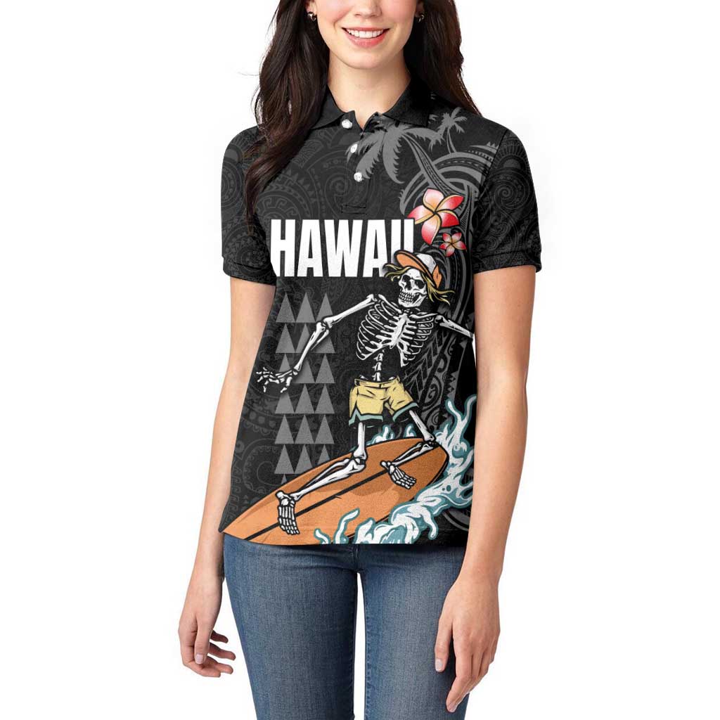 Hawaiian Halloween Skeleton Surfing Women Polo Shirt Polynesian Tribal Tattoo and Hawaiian Pattern LT03 - Polynesian Pride