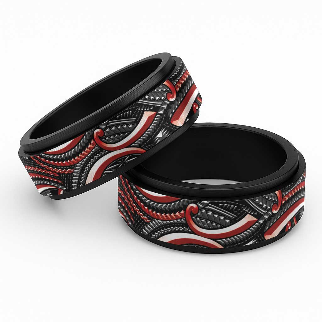 Traditional Samoan Tattoo Art Red Color Spinner Ring LT03 Black Red - Polynesian Pride