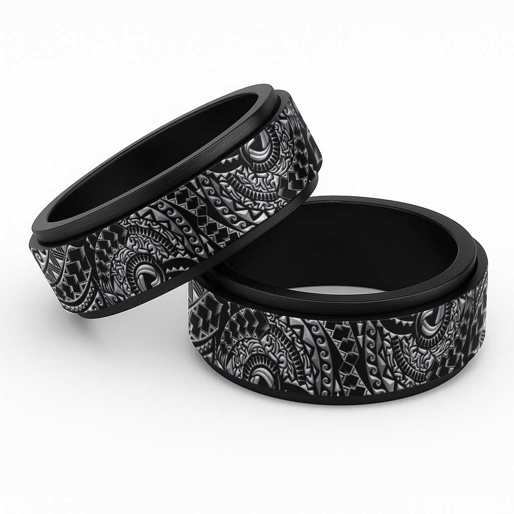 Traditional Polynesian Maori Tattoo Silver Art Spinner Ring LT03 Black Black - Polynesian Pride