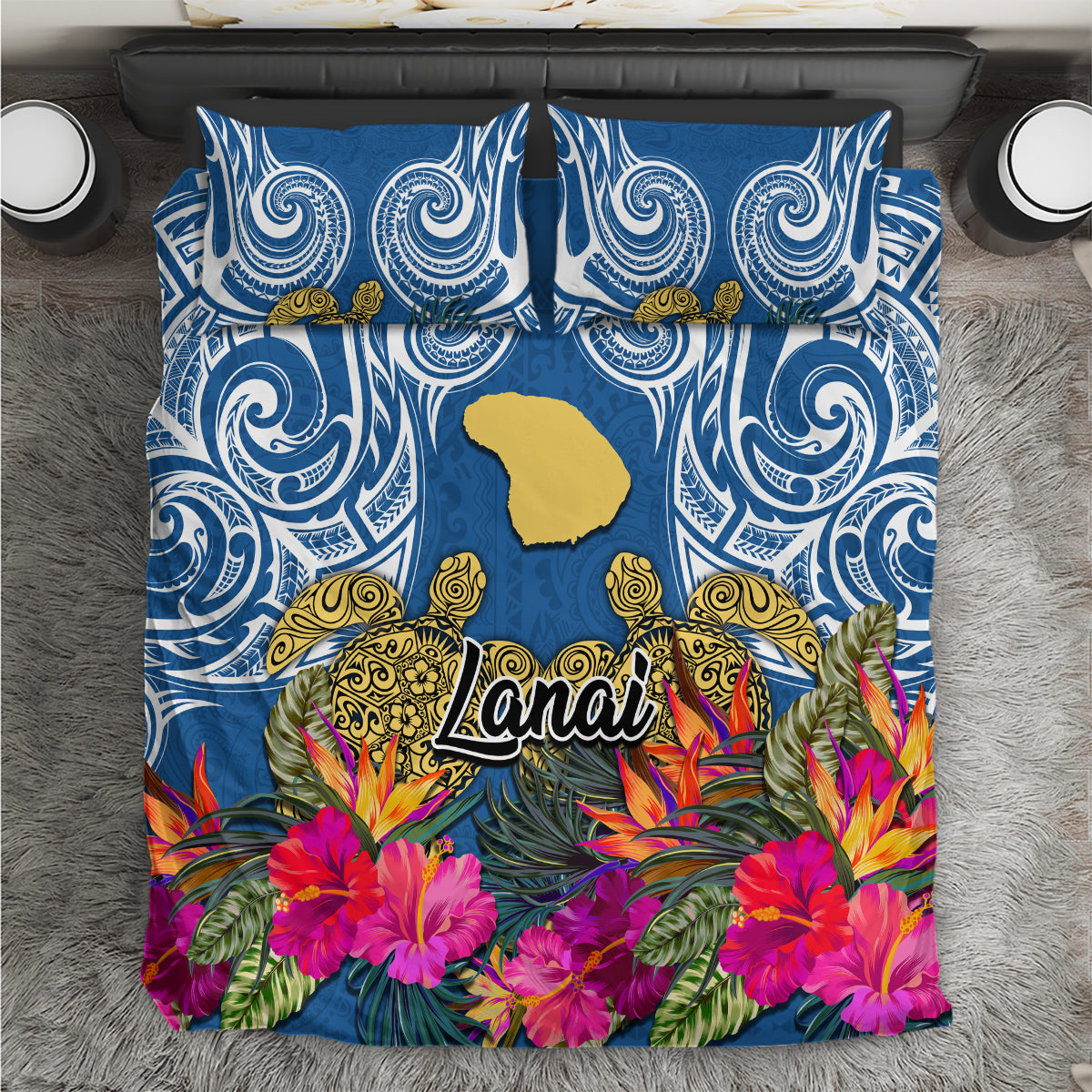 Hawaii Lanai Island Bedding Set Hibiscus Turle and Map with Polynesian Spiral LT03 Blue - Polynesian Pride