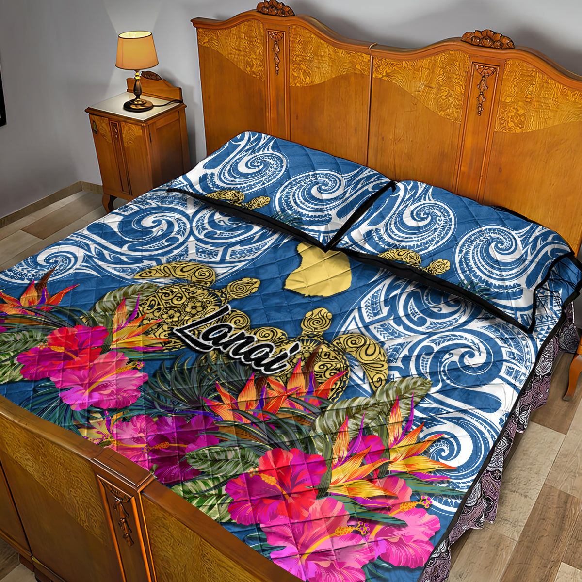 Hawaii Lanai Island Quilt Bed Set Hibiscus Turle and Map with Polynesian Spiral LT03 - Polynesian Pride
