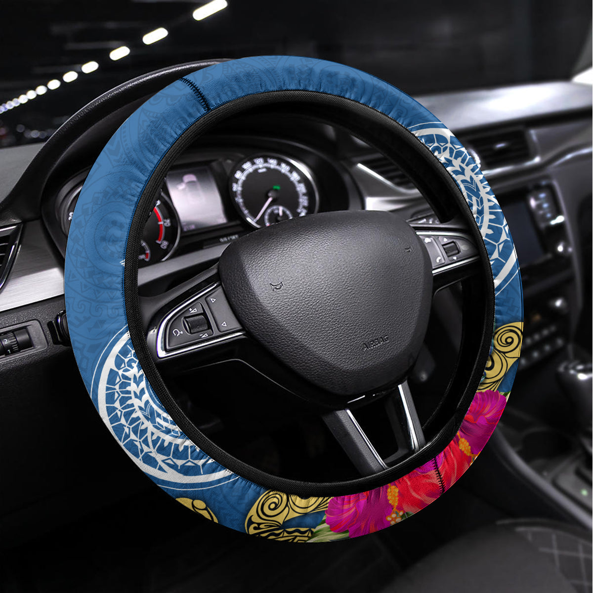 Hawaii Lanai Island Steering Wheel Cover Hibiscus Turle and Map with Polynesian Spiral