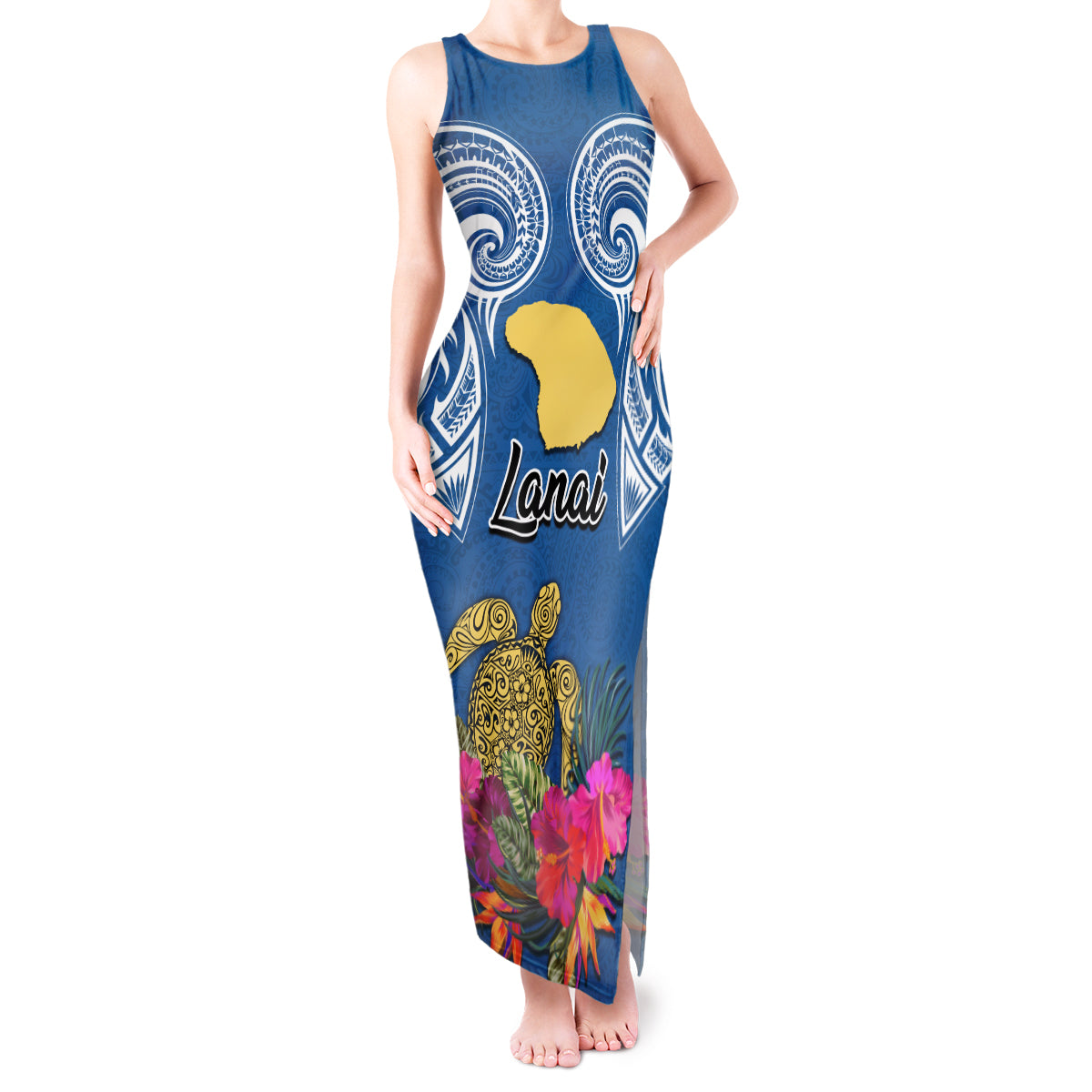 Hawaii Lanai Island Tank Maxi Dress Hibiscus Turle and Map with Polynesian Spiral LT03 Women Blue - Polynesian Pride