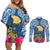 Custom Hawaii Lanai Island Couples Matching Off Shoulder Short Dress and Long Sleeve Button Shirts Hibiscus Turle and Map with Polynesian Spiral LT03 Blue - Polynesian Pride