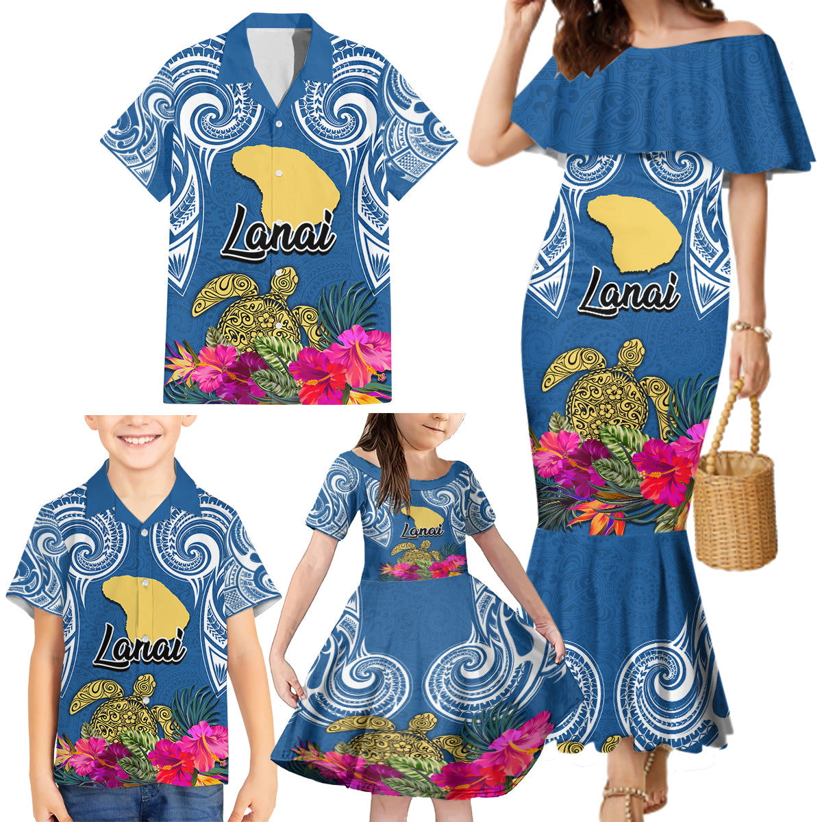 Custom Hawaii Lanai Island Family Matching Mermaid Dress and Hawaiian Shirt Hibiscus Turle and Map with Polynesian Spiral LT03 - Polynesian Pride