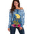 Custom Hawaii Lanai Island Off Shoulder Sweater Hibiscus Turle and Map with Polynesian Spiral LT03 Women Blue - Polynesian Pride