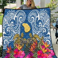 Custom Hawaii Lanai Island Quilt Hibiscus Turle and Map with Polynesian Spiral LT03 Blue - Polynesian Pride