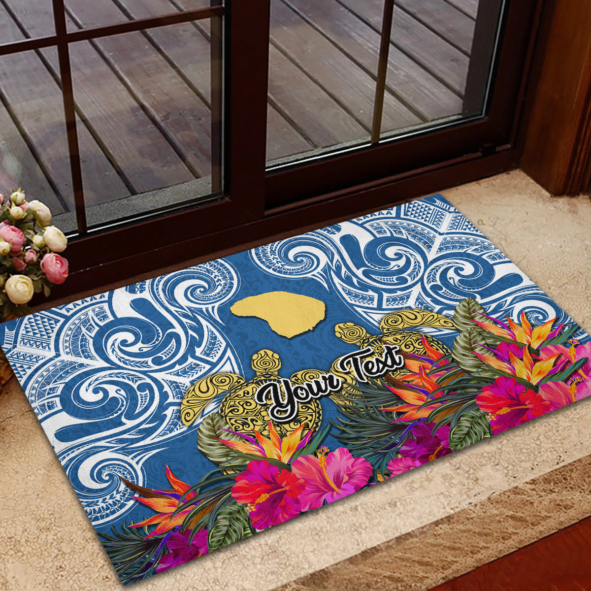 Custom Hawaii Lanai Island Rubber Doormat Hibiscus Turle and Map with Polynesian Spiral LT03 - Polynesian Pride