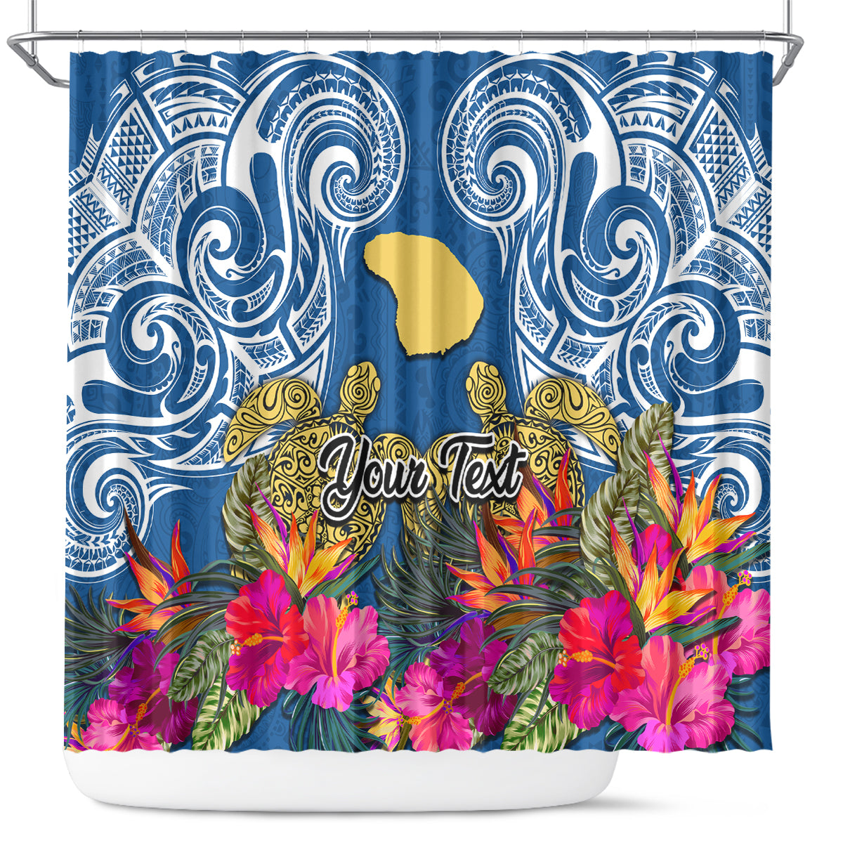 Custom Hawaii Lanai Island Shower Curtain Hibiscus Turle and Map with Polynesian Spiral LT03 Blue - Polynesian Pride